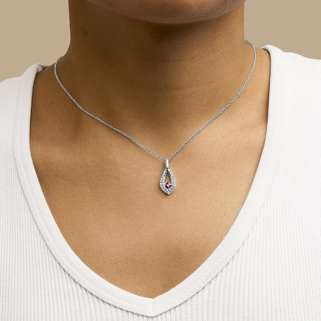 .925 Sterling Silver Created Red Ruby and White Sapphire Pear Shaped Pendant Necklace - 18" Inches