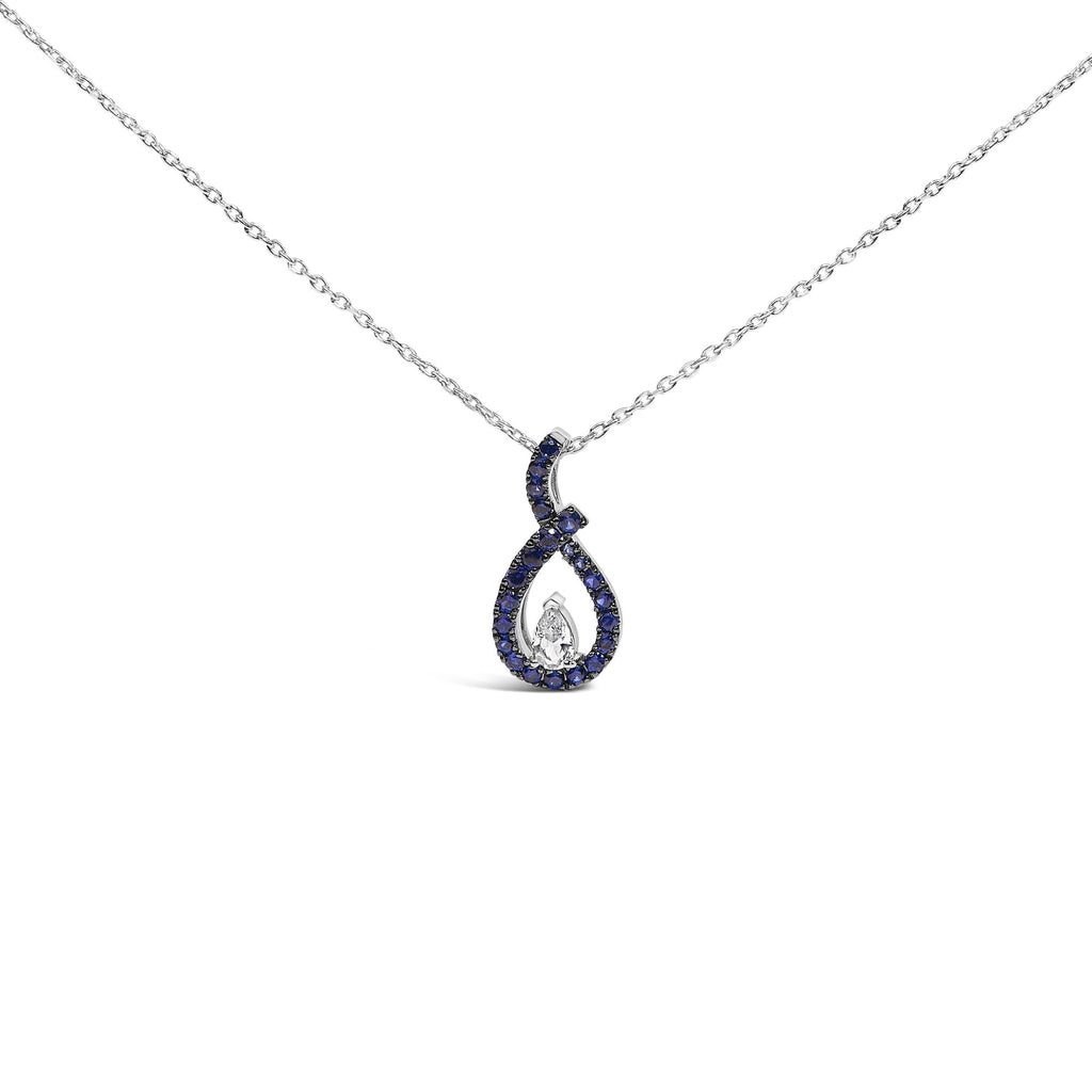 .925 Sterling Silver Created Blue and White Sapphire Teardrop Shaped Pendant Necklace - 18" Inches