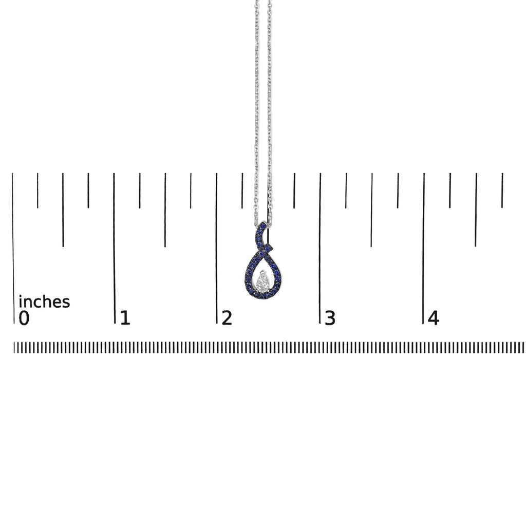 .925 Sterling Silver Created Blue and White Sapphire Teardrop Shaped Pendant Necklace - 18" Inches
