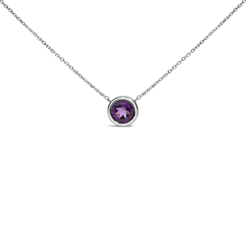 .925 Sterling Silver 7MM Bezel Set Created Gemstone Pendant Necklace - 18" Inches