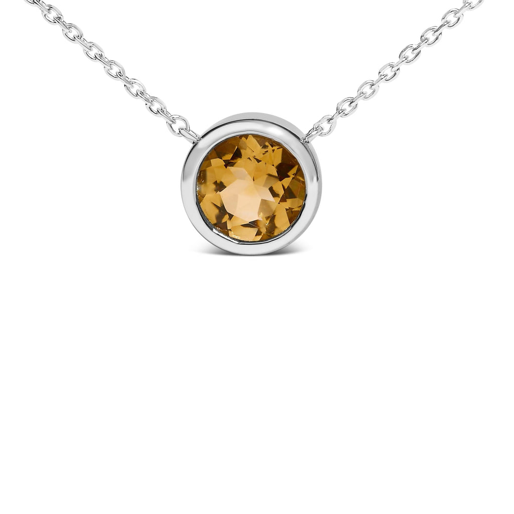 .925 Sterling Silver 7MM Bezel Set Created Gemstone Pendant Necklace - 18" Inches