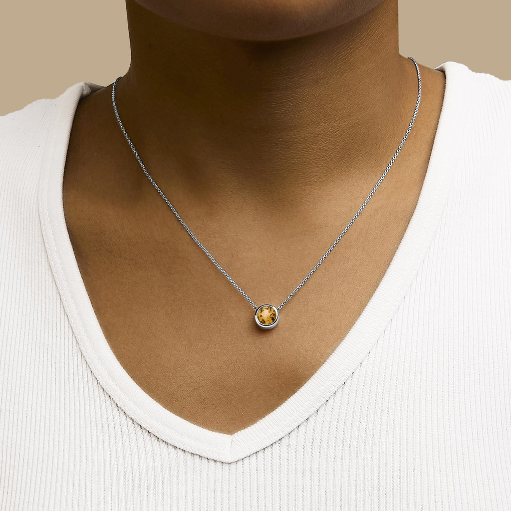 .925 Sterling Silver 7MM Bezel Set Created Gemstone Pendant Necklace - 18" Inches