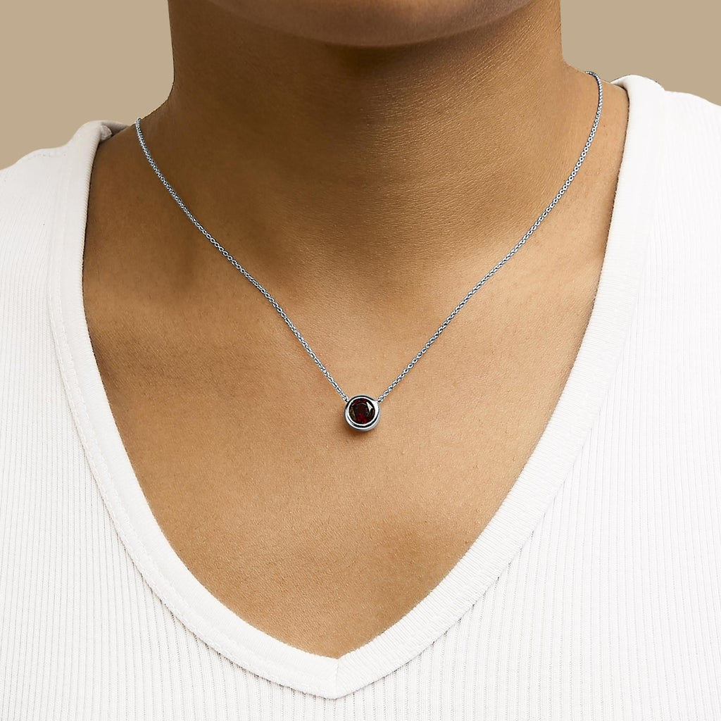 .925 Sterling Silver 7MM Bezel Set Created Gemstone Pendant Necklace - 18" Inches