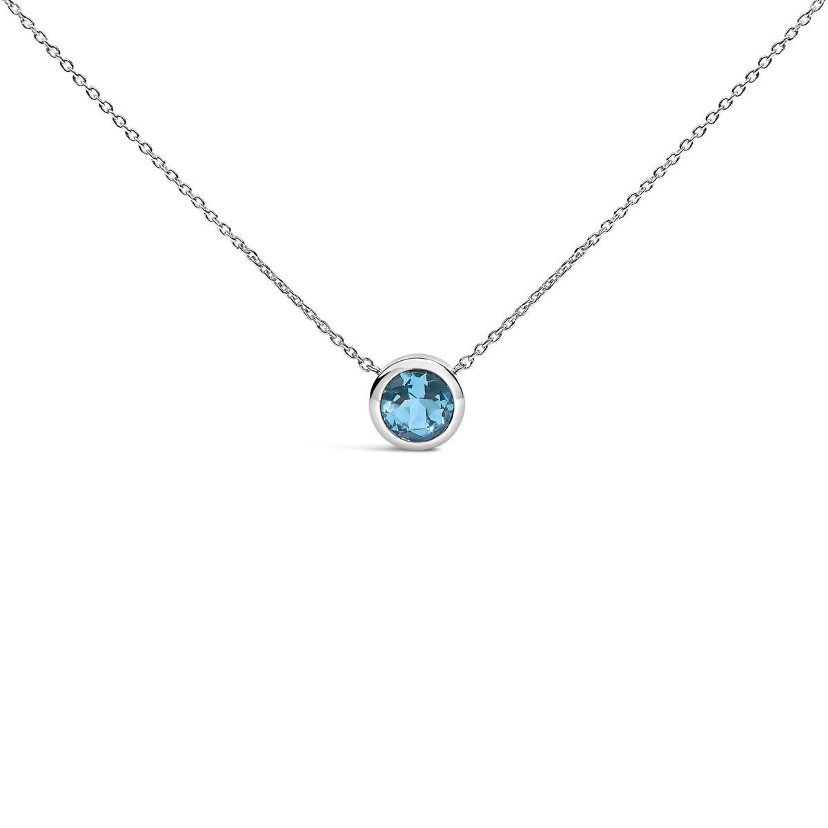 .925 Sterling Silver 7MM Bezel Set Created Gemstone Pendant Necklace - 18" Inches