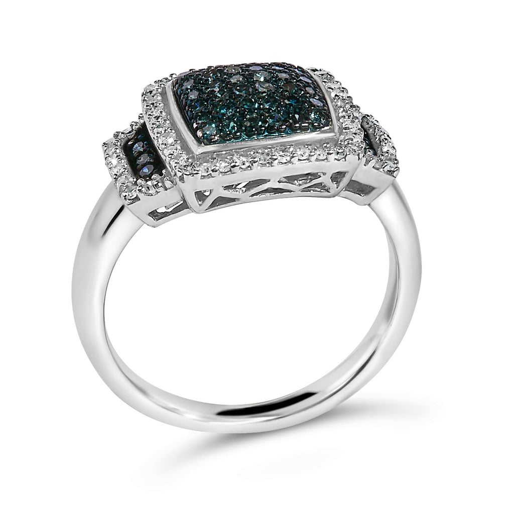 Black Rhodium Plated .925 Sterling Silver 1/2 Cttw White & Blue Diamond Square Halo Cocktail Ring (Fancy Blue & H-I Color, I2-I3 Clarity)