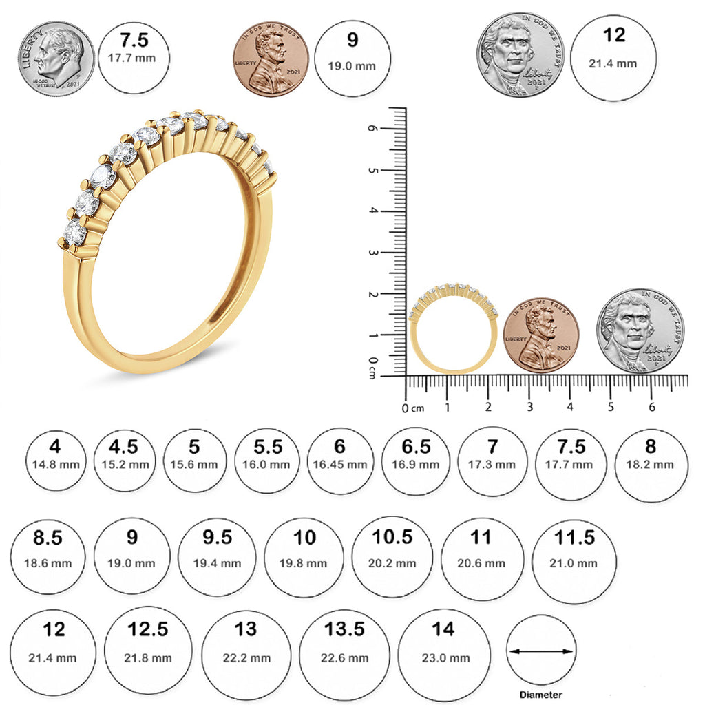14K Yellow Gold Plated .925 Sterling Silver 1/2 cttw Shared Prong Set Brilliant Round-Cut Diamond 11 Stone Band Ring (J-K Color, I1-I2 Clarity)