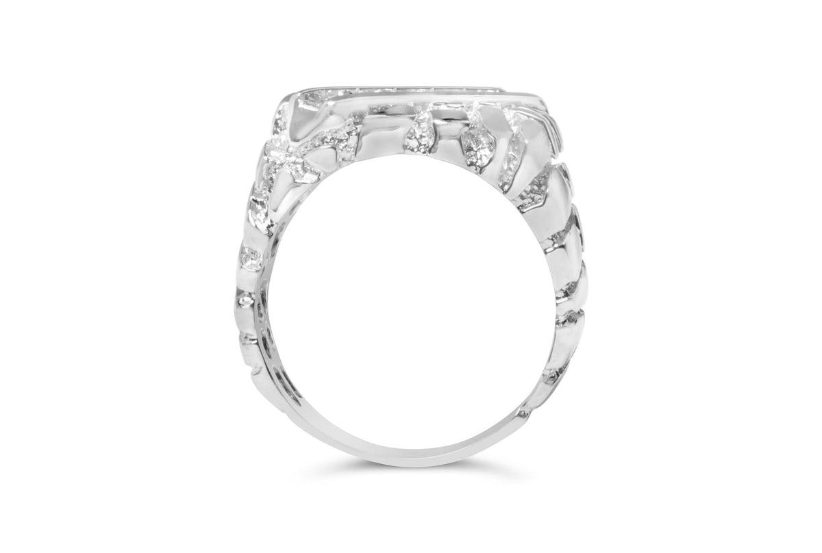 .925 Sterling Silver 1/3 Diamond 6 Stone Rectangle Nugget Gents Ring