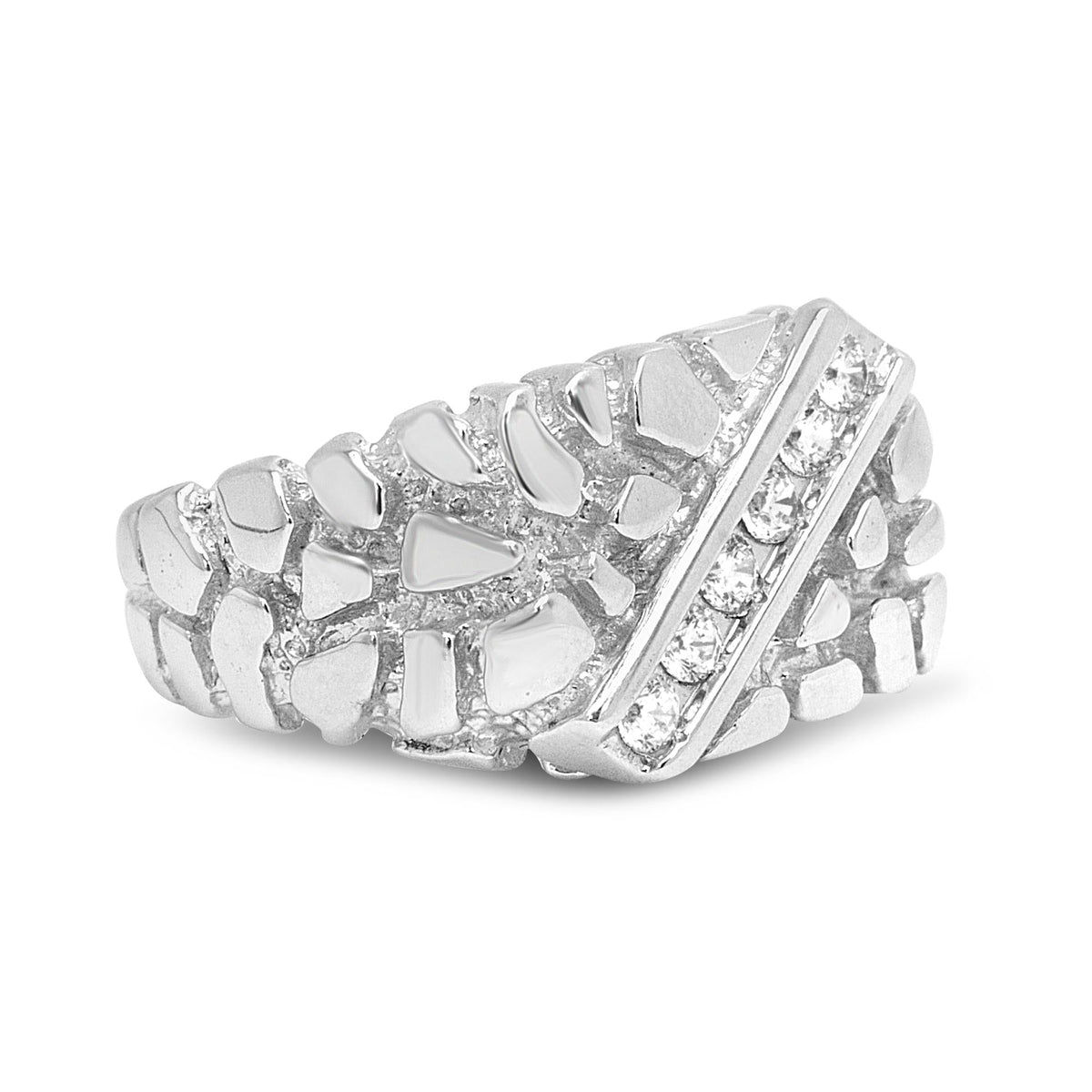 .925 Sterling Silver 1/3 Diamond 6 Stone Rectangle Nugget Gents Ring