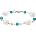 Sterling Silver Cultured White Freshwater Pearl & Natural Turquoise Station 7 1/2" Bracelet