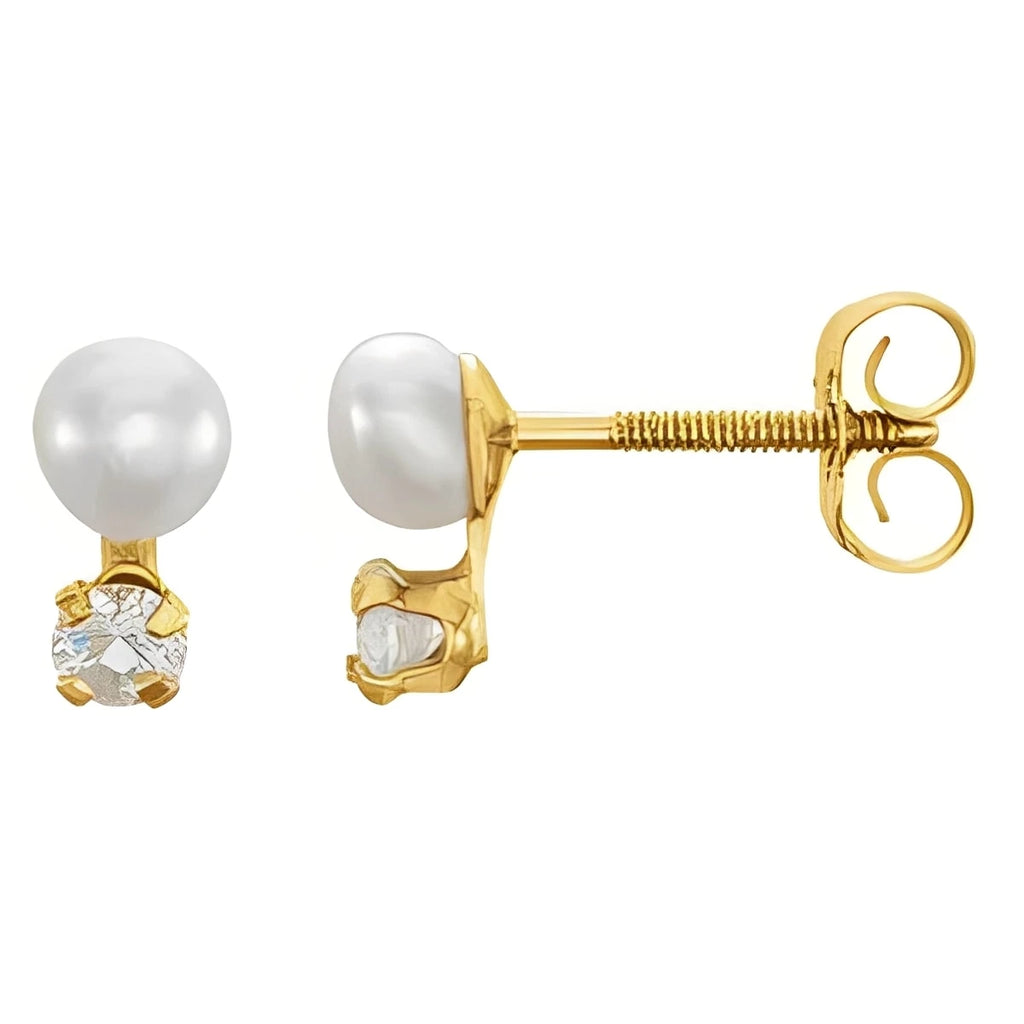 14K Yellow Gold Cultured White Freshwater Pearl & Imitation White Cubic Zirconia Earrings