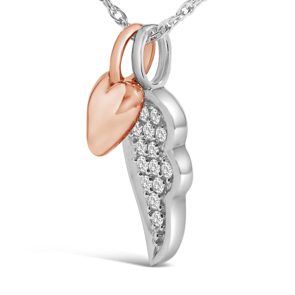 14K Rose Gold Plated Sterling Silver 1/10 Cttw Diamond Heart & Wing Pendant Necklace