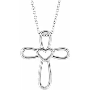 Sterling Silver Cross with Heart 16-18" Necklace