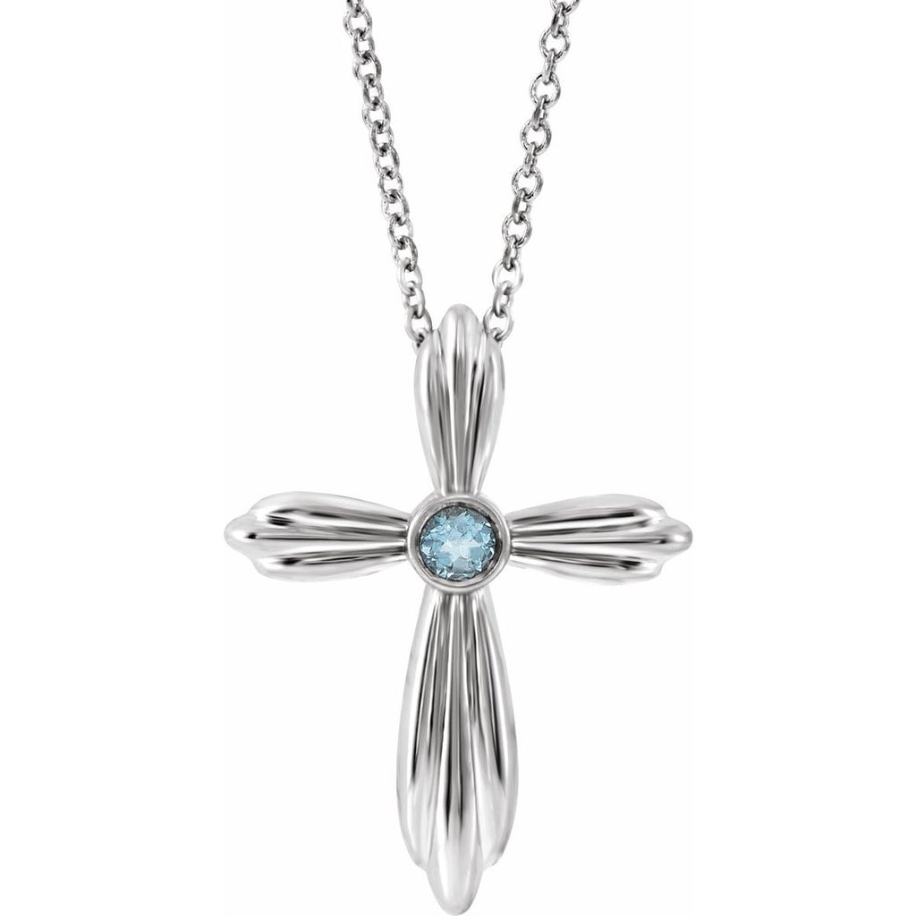 Sterling Silver Natural Aquamarine Cross 16-18" Necklace