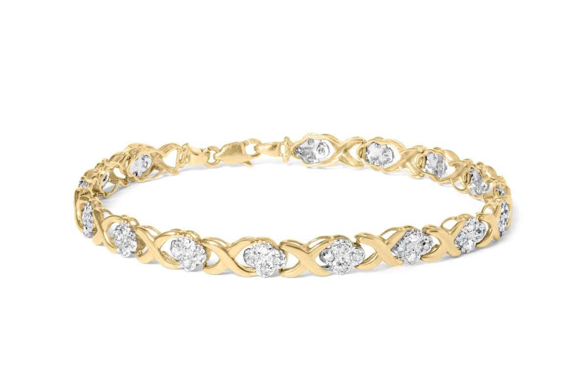 10K Yellow Gold over .925 Sterling Silver 1.0 Cttw Diamond Cluster X Link Tennis Link Bracelet (H-I Color, I3 Clarity) - 7"