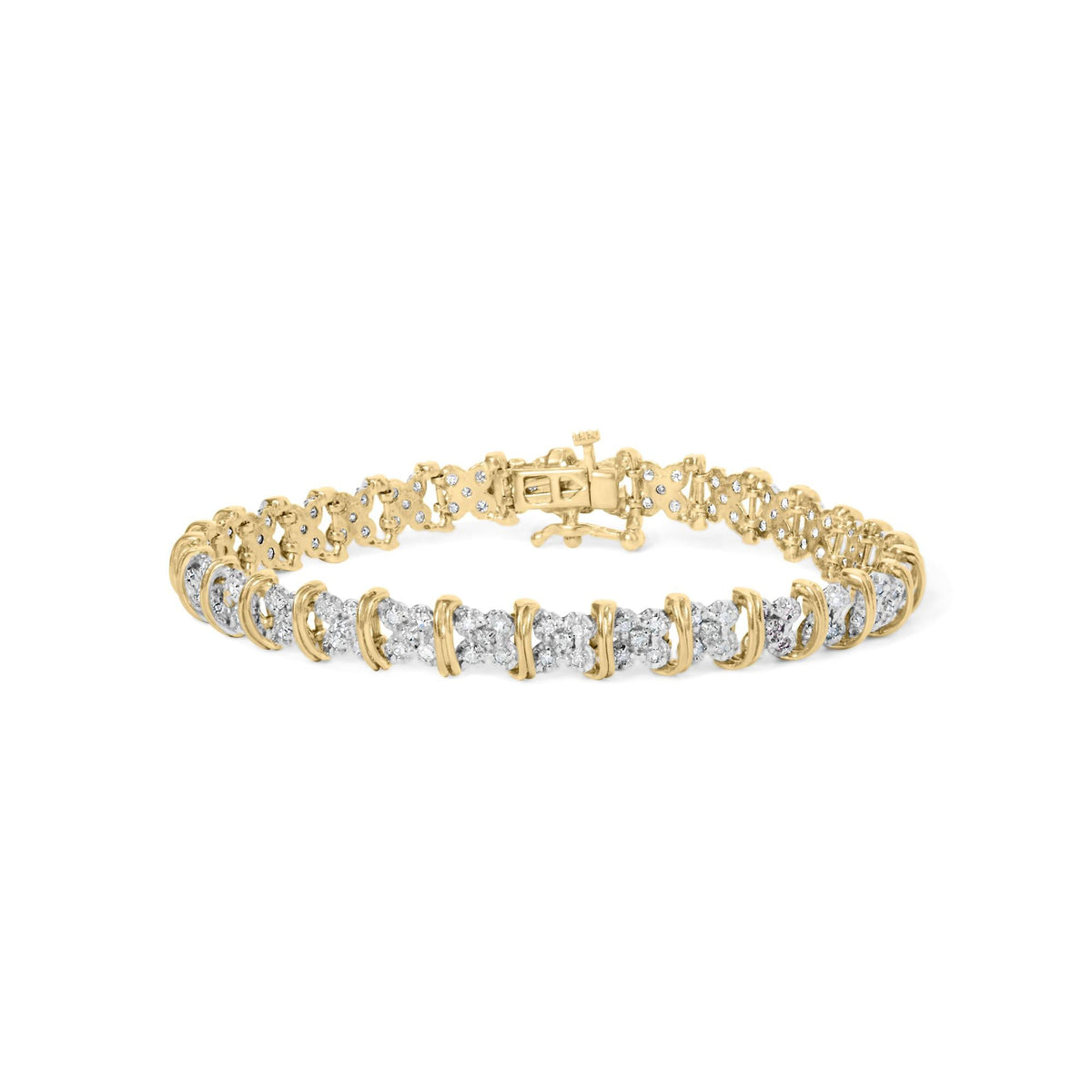 10K Yellow Gold Plated .925 Sterling Silver 2.0 Cttw Round Diamond Cluster "X" Shaped Link Bracelet (H-I Color, I3 Clarity) - 7"