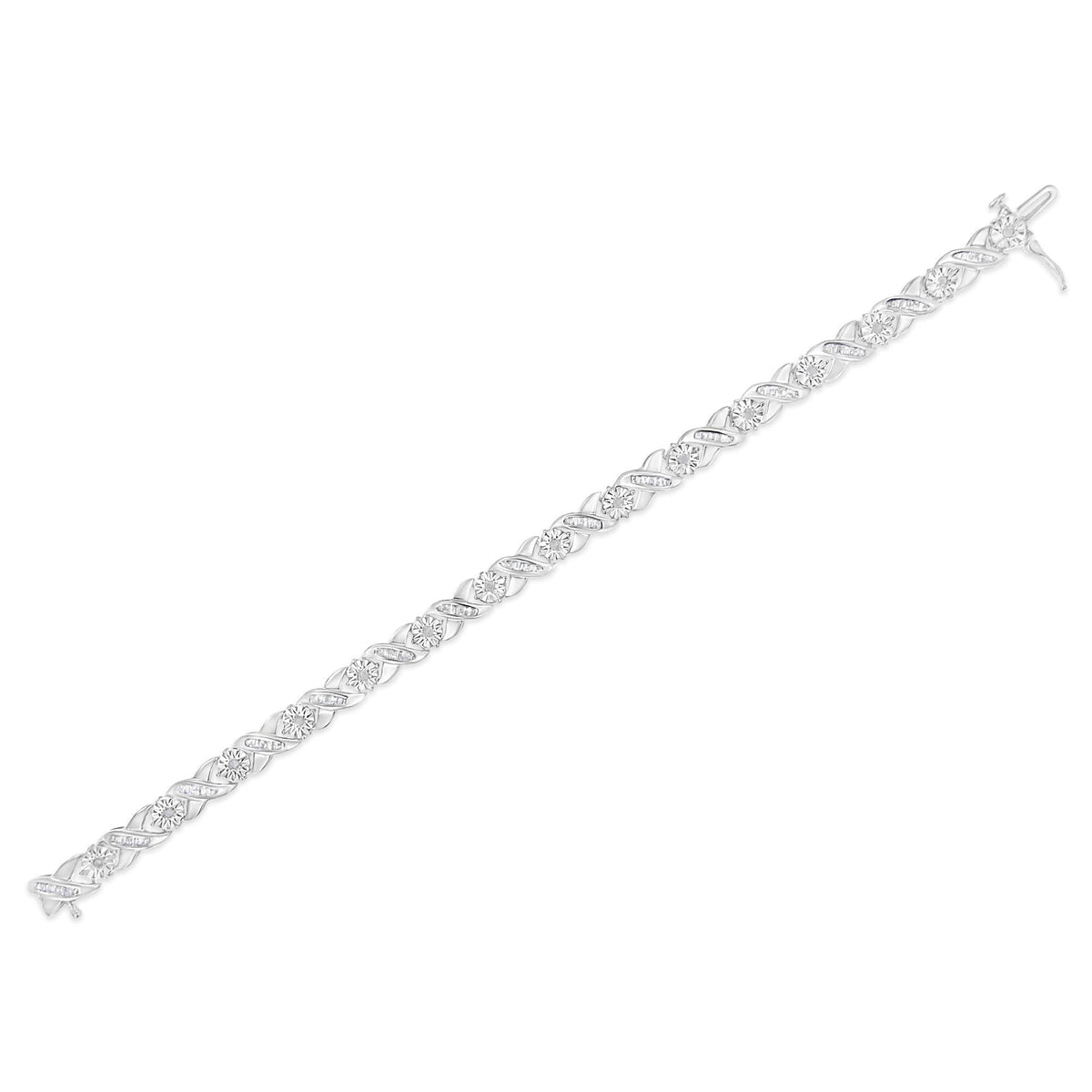 .925 Sterling Silver 1.0 Cttw Round-Brilliant and Baguette Cut Diamond Miracle-Set X-Link 7" Tennis Bracelet (I-J Color, I2-I3 Clarity)