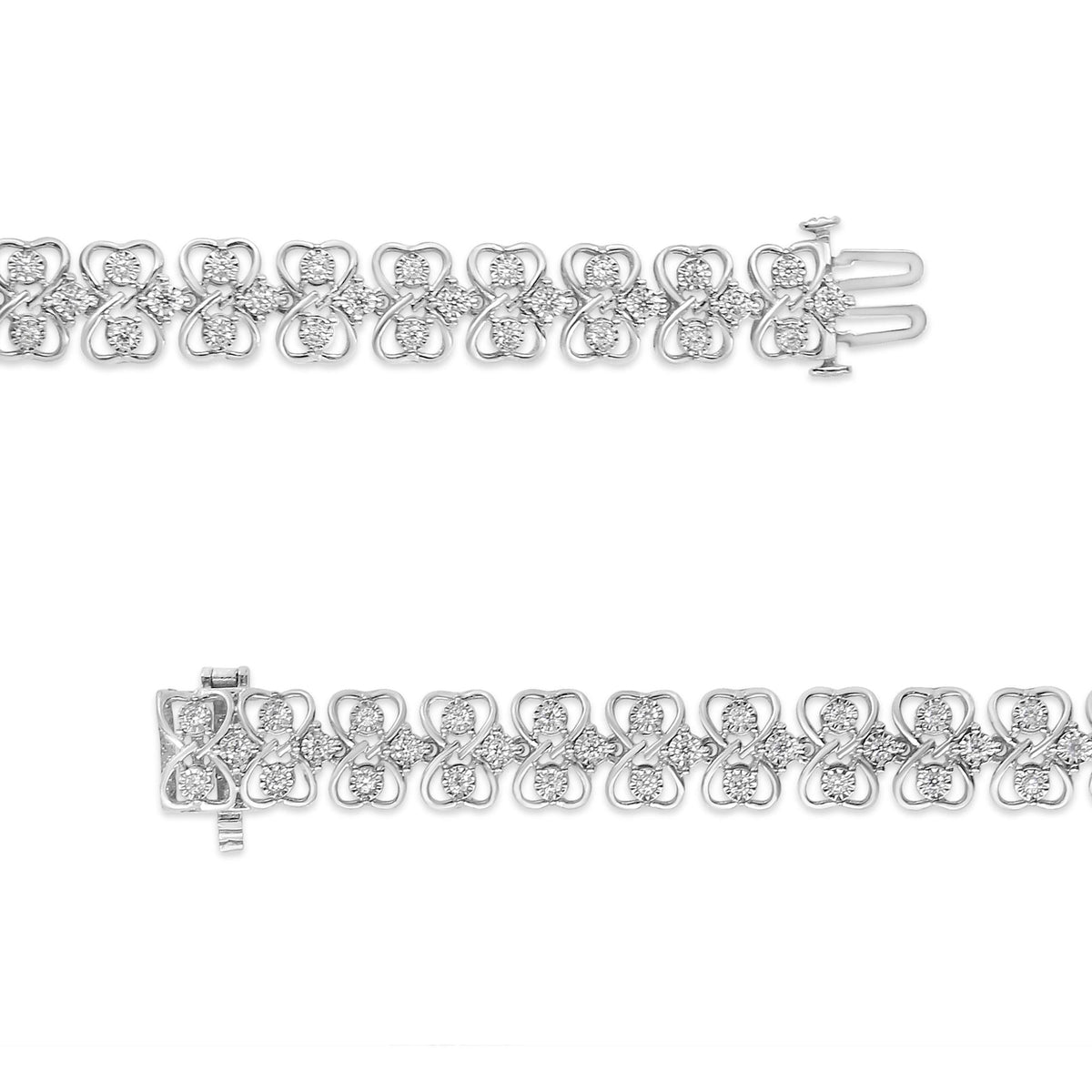 .925 Sterling Silver 1.0 cttw Round-cut Diamond 2-Row Heart Link Tennis Bracelet (I-J Clarity, I2-I3 Color) - Size 7"