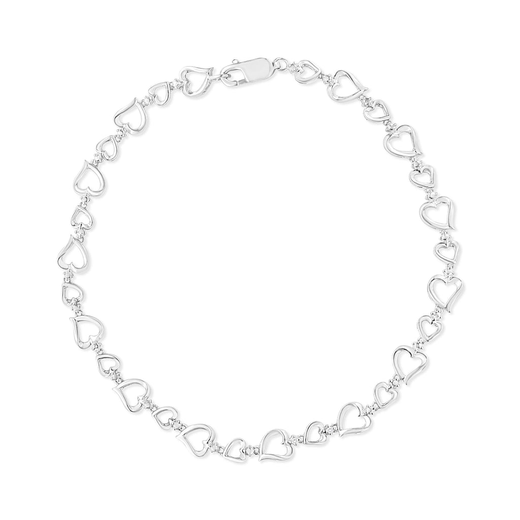 .925 Sterling Silver Prong Set Diamond Accent Alternating Heart Link Bracelet (I-J Color, I3 Clarity) - 7.25" Inches