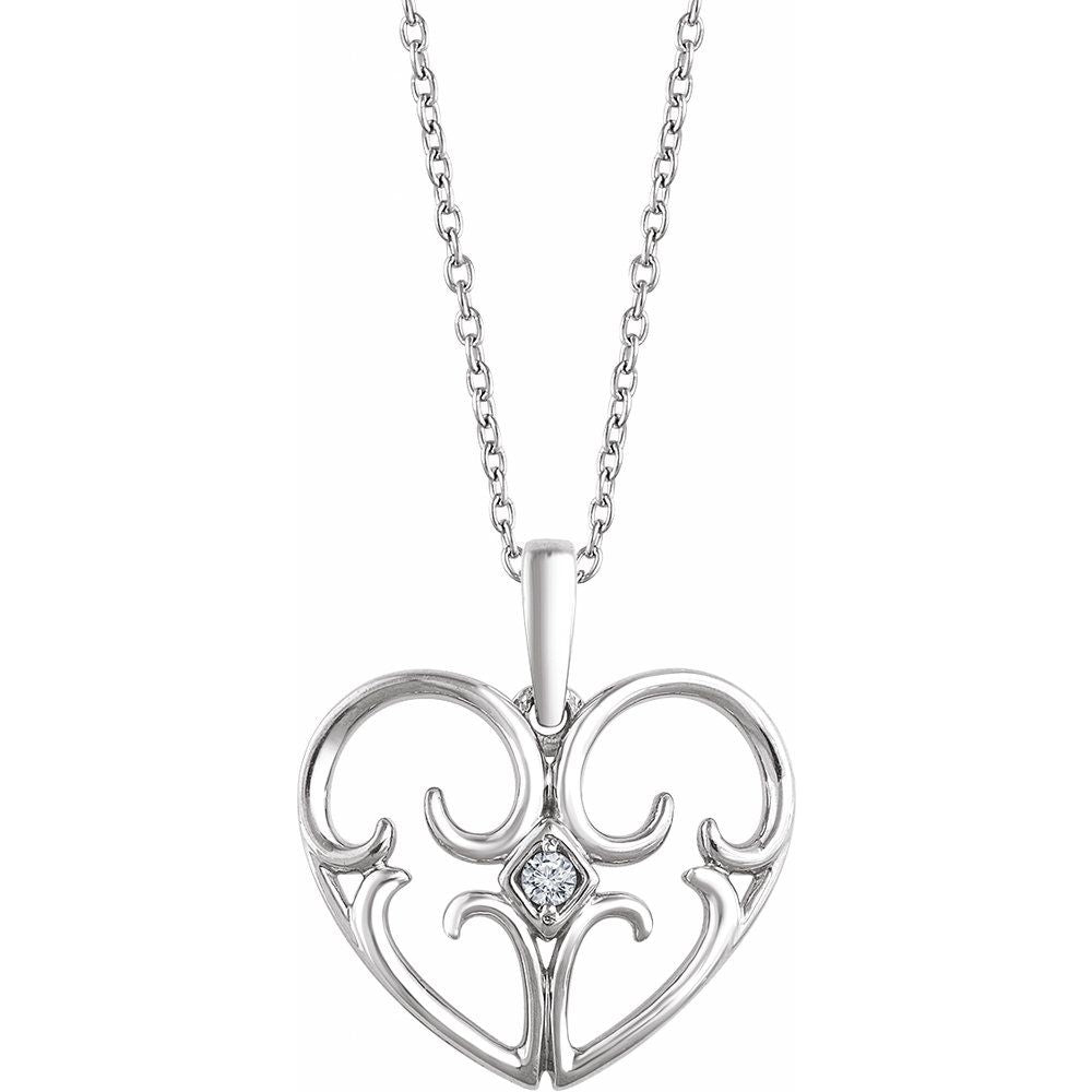 Sterling Silver .03 CT Natural Diamond Heart 16-18" Necklace