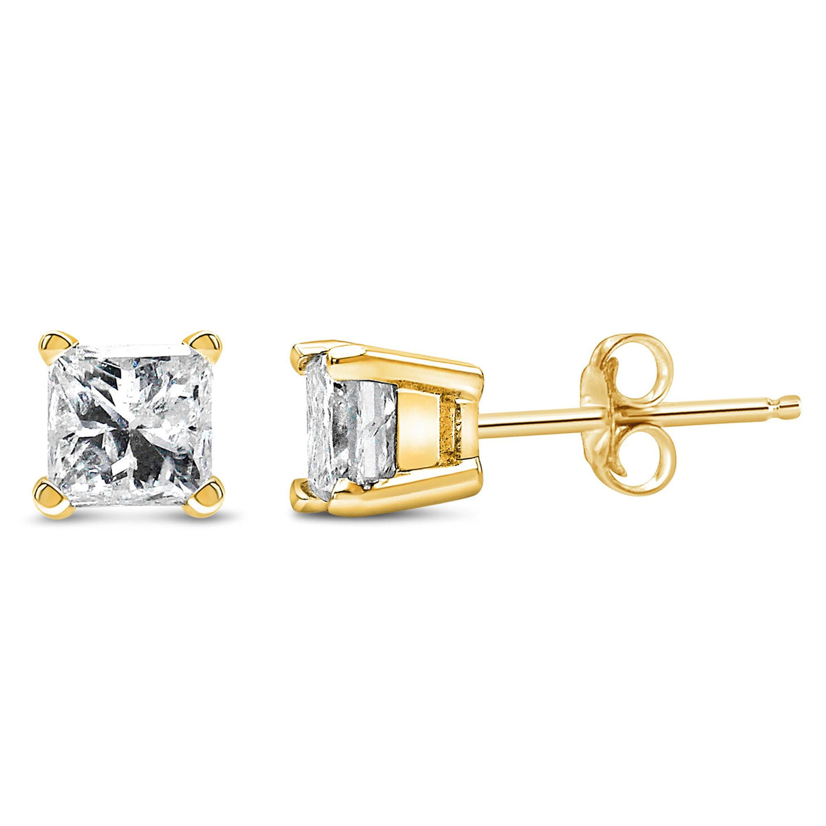 AGS Certified 14k Yellow Gold 1/4 cttw 4-Prong Set Princess-Cut Solitaire Diamond Push Back Stud Earrings (F-G Color, SI1-SI2 Clarity)