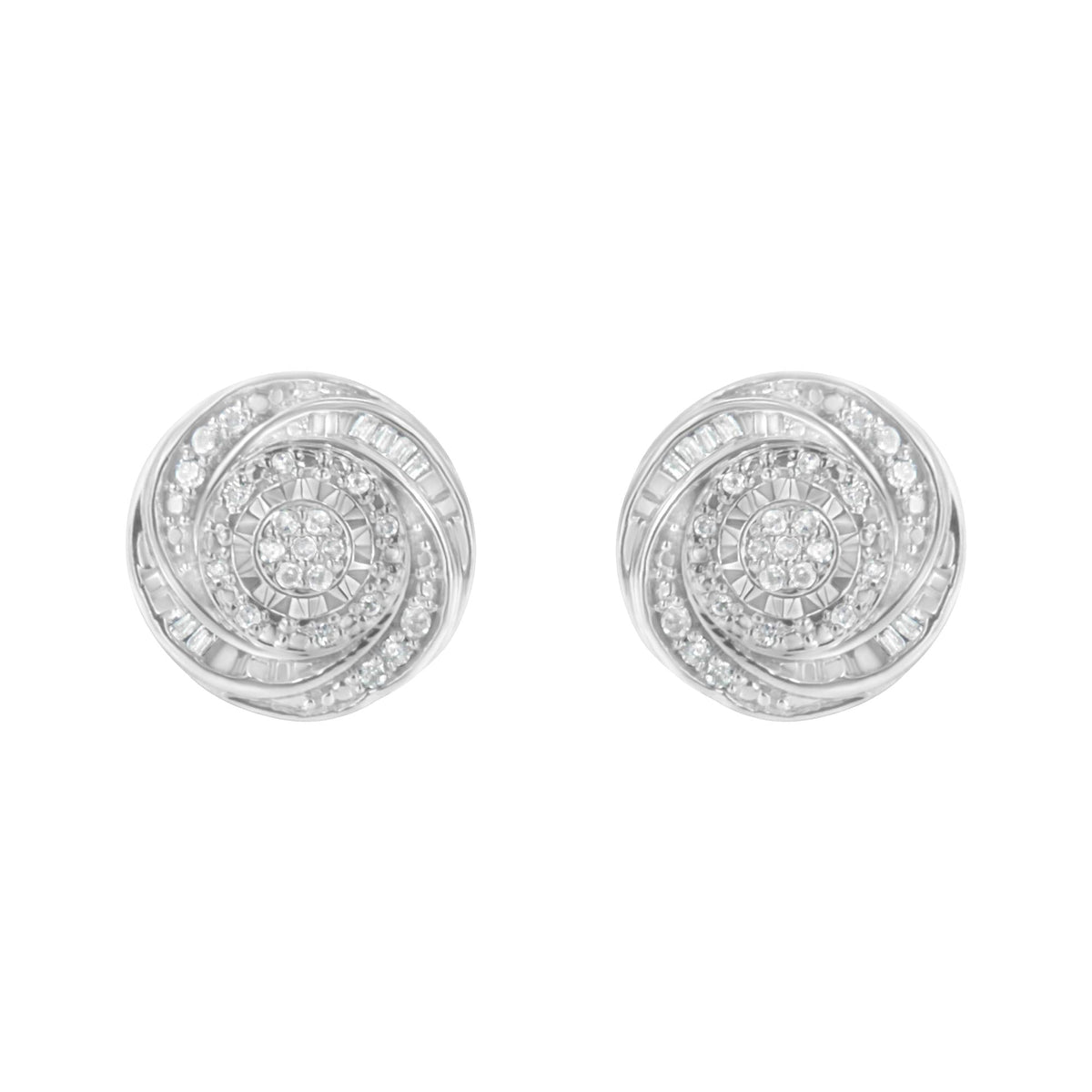 .925 Sterling Silver 1/4 Cttw Baguette and Round Diamond Swirl Love Knot Stud Earrings (I-J Color, I3 Clarity)