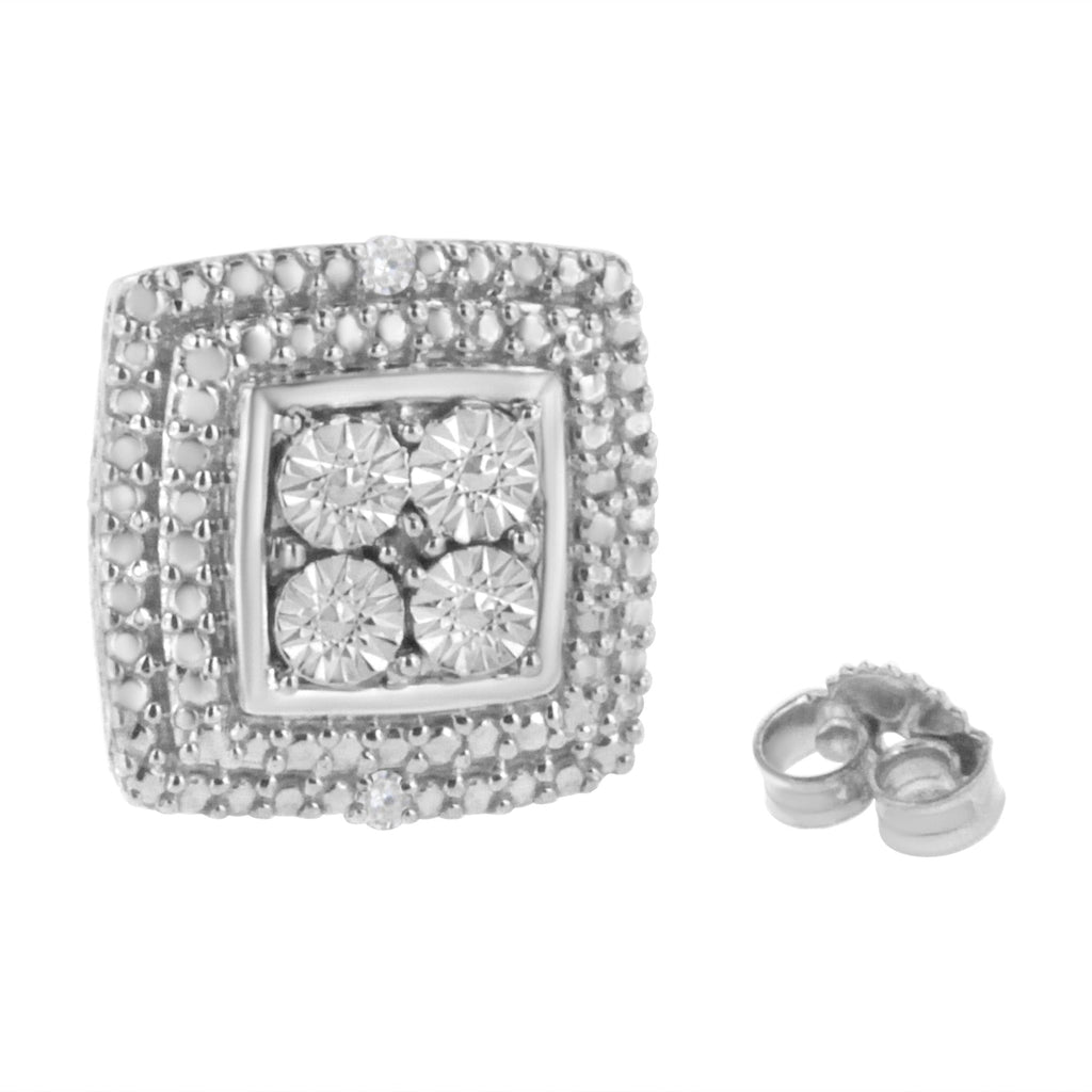 .925 Sterling Silver Diamond Accented Square Shaped Milgrain Stud Earrings (I-J Clarity, I3 Color)