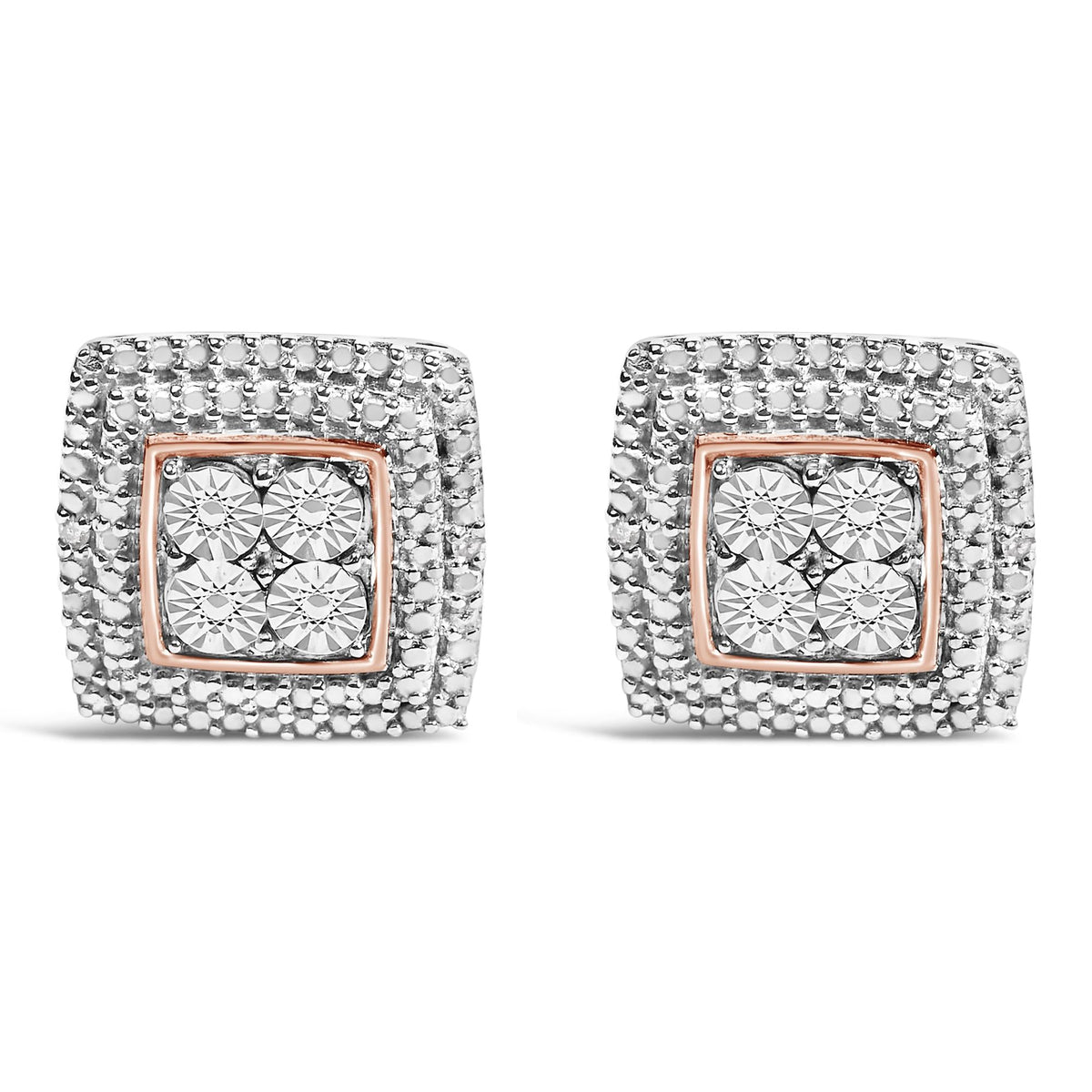 .925 Sterling Silver Diamond Accented Square Shaped Milgrain Stud Earrings (I-J Clarity, I3 Color)