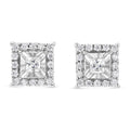 .925 Sterling Silver 1/4 Cttw Princess and Round Cut Diamond Halo Stud Earrings (I-J Color, I2-I3 Clarity)