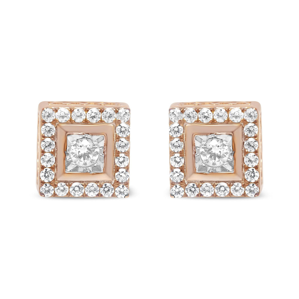 14K Rose Gold Plated .925 Sterling Silver 1/2 Cttw Diamond Halo Square-Shaped Frame Stud Earring (I-J Color, I3 Clarity)