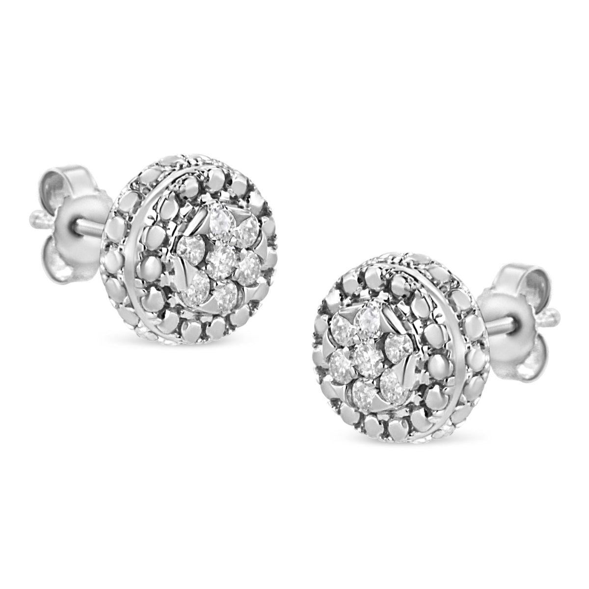 .925 Sterling Silver 1/3 Cttw 7 Stone Pave Set Diamond Beaded Stud Earrings (I-J Color, I2-I3 Clarity)
