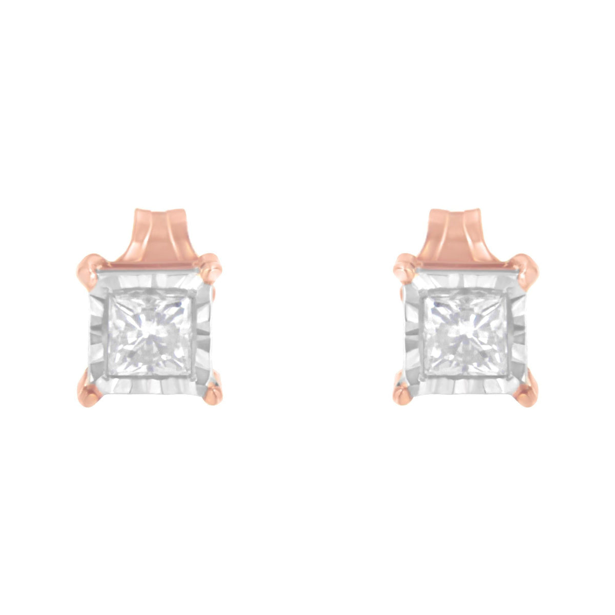 14K Rose Gold Plated Two-Tone .925 Sterling Silver 1/2 Cttw Princess-Cut Square Near Colorless Diamond Solitaire Miracle-Plate Stud Earrings (J-K Color, I2-I3 Clarity)