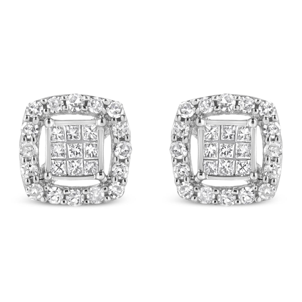 .925 Sterling Silver 1/2 Cttw Round and Princess-Cut Diamond Stud Earrings (I-J Color, I1-I2 Clarity)