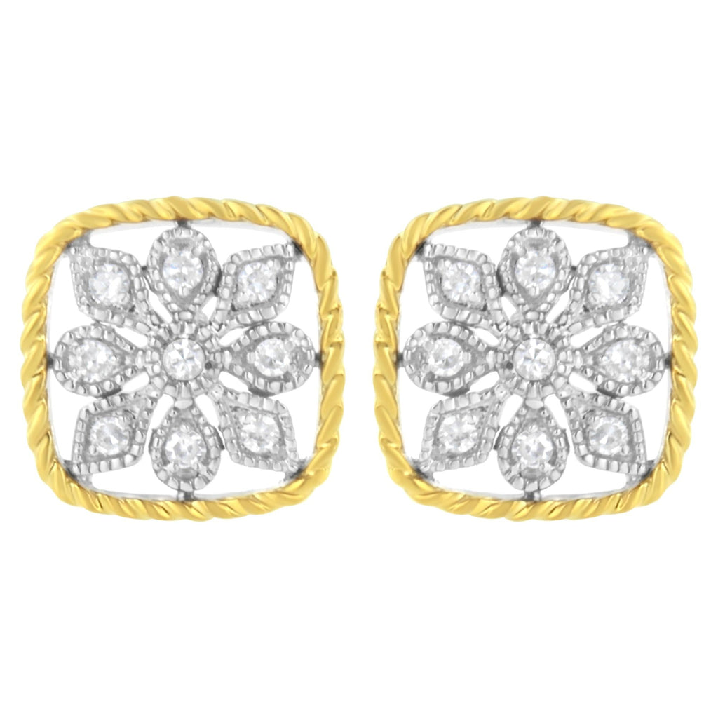 10K Yellow Gold Plated .925 Sterling Silver 1/4 cttw Diamond "Flower in a Box" Stud Earrings (I-J Color, I2-I3 Clarity)