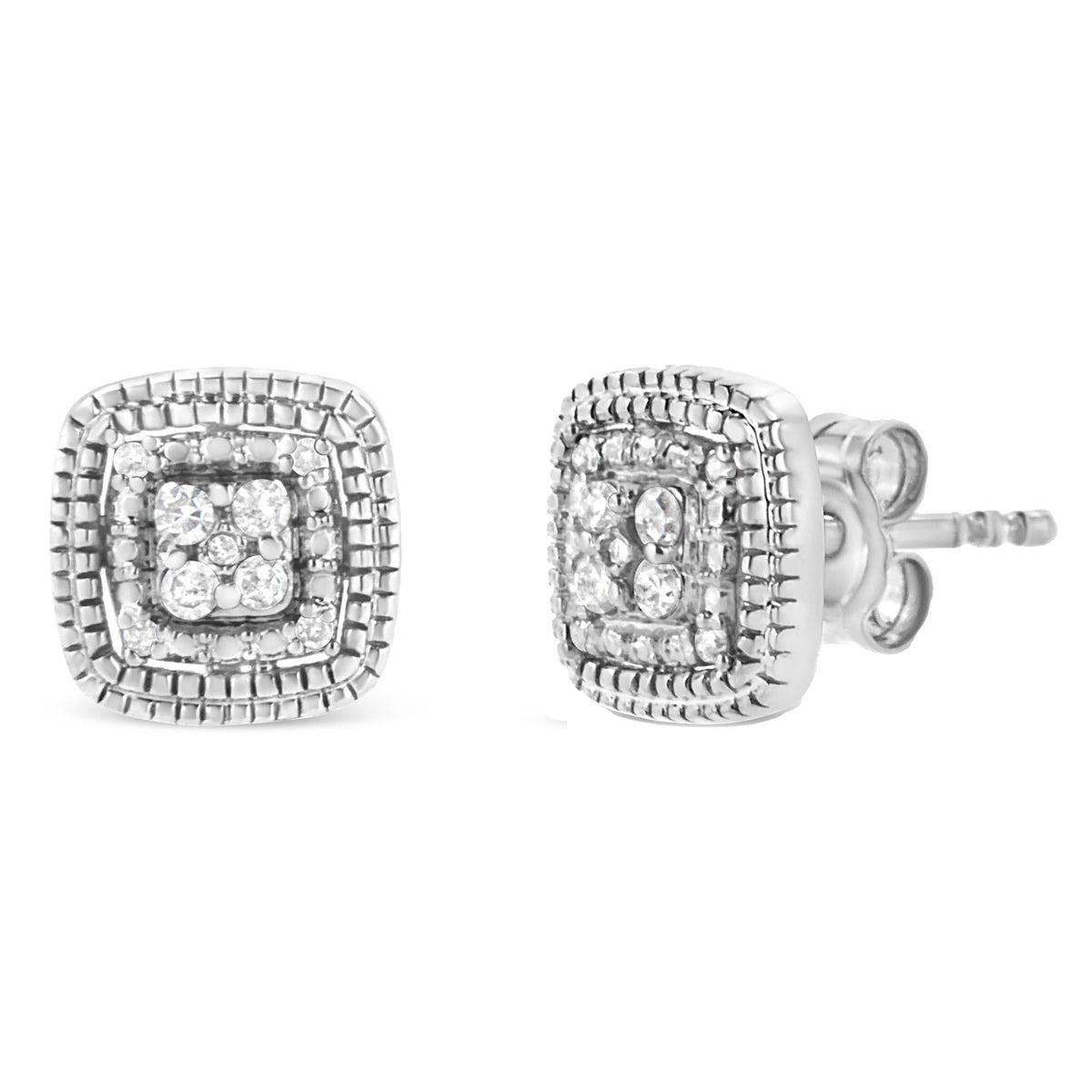 .925 Sterling Silver 1/10 Cttw Prong-Set Round Cut Diamond Square Shape with Milgrain Halo Stud Earrings (I-J Color, I2-I3 Clarity)