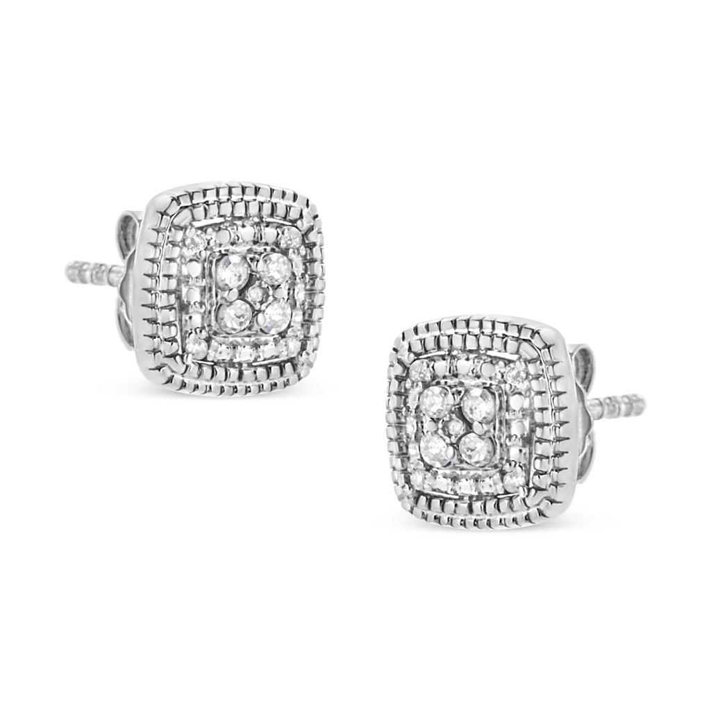 .925 Sterling Silver 1/10 Cttw Prong-Set Round Cut Diamond Square Shape with Milgrain Halo Stud Earrings (I-J Color, I2-I3 Clarity)