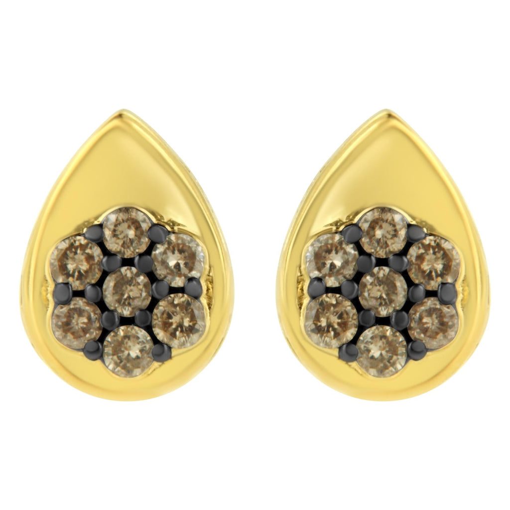 10K Yellow Gold Plated .925 Sterling Silver 1/2 Cttw Prong Set Round-Cut Diamond Floral Cluster Stud Earring (Champagne Color, I1-I2 Clarity)