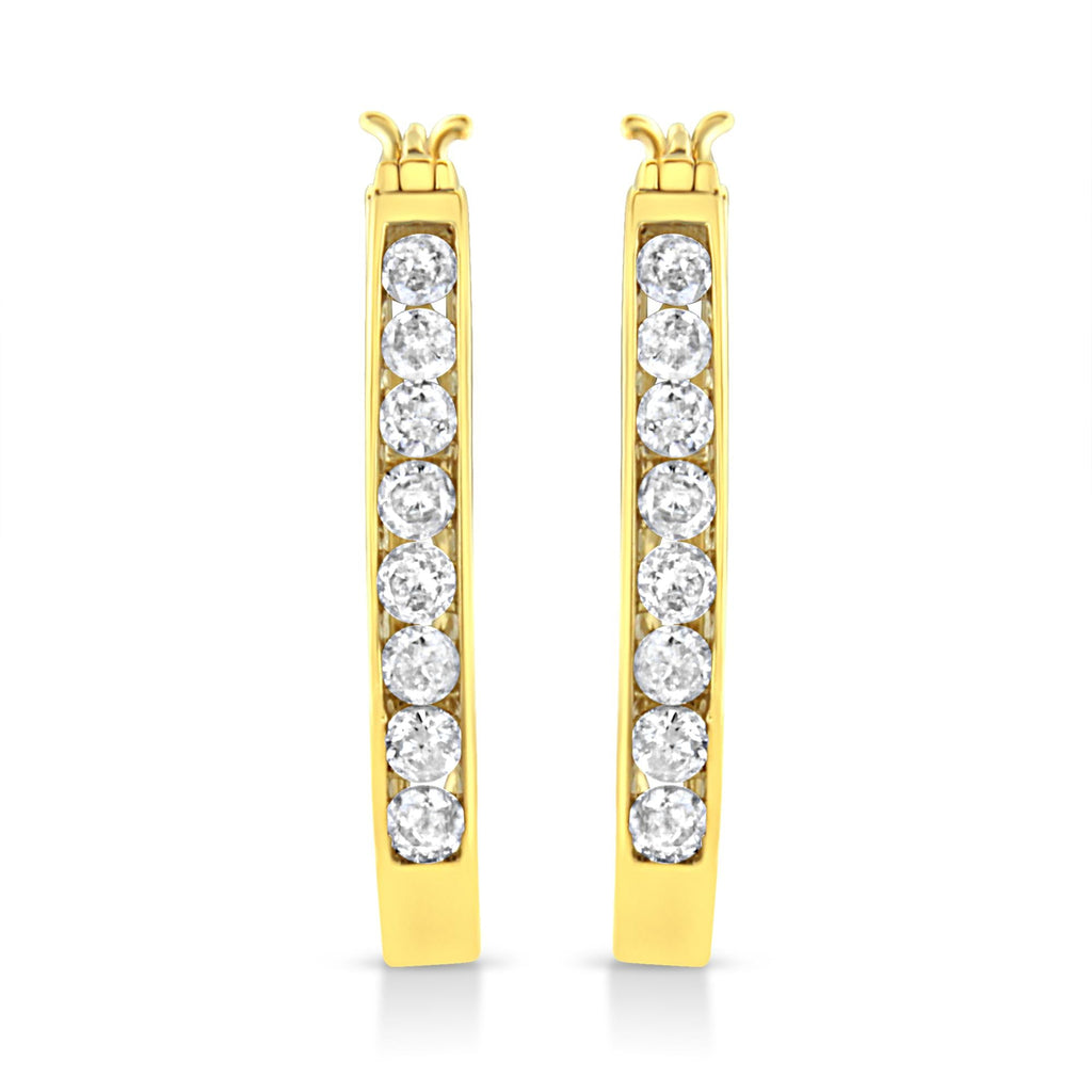 14k Yellow Gold Plated .925 Sterling Silver 1.0 Cttw Channel Set Brilliant Round Cut Diamond Hoop Earrings (J-K Color, I2-I3 Clarity)