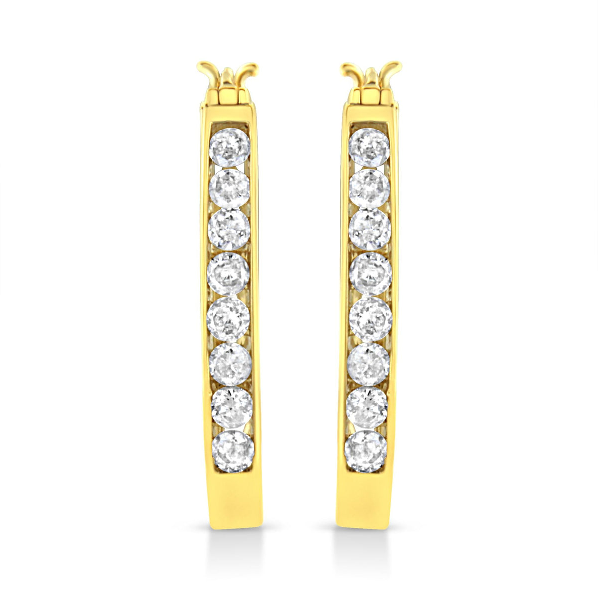 14k Yellow Gold Plated .925 Sterling Silver 1.0 Cttw Channel Set Brilliant Round Cut Diamond Hoop Earrings (J-K Color, I2-I3 Clarity)
