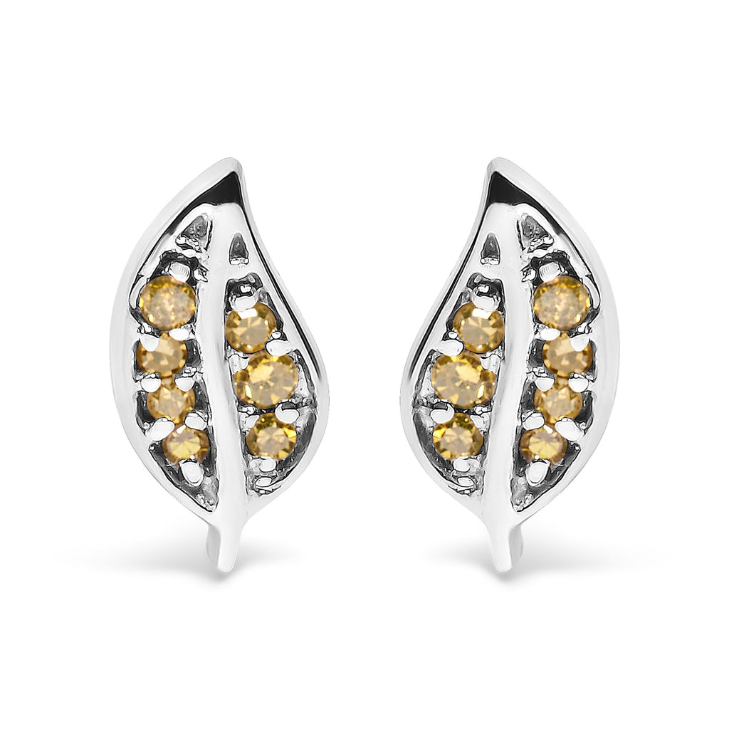 .925 Sterling Silver Yellow Diamond Accent Leaf Stud Earrings