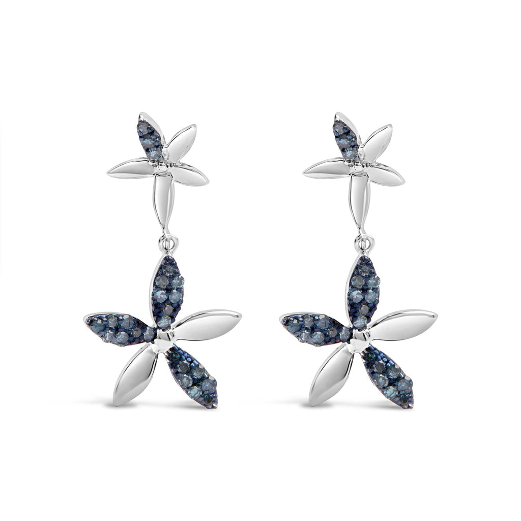 .925 Sterling Silver 1/5ct Cttw Blue Diamond Double Star Drop and Dangle Earrings (Blue Color, SI1-SI2 Clarity)