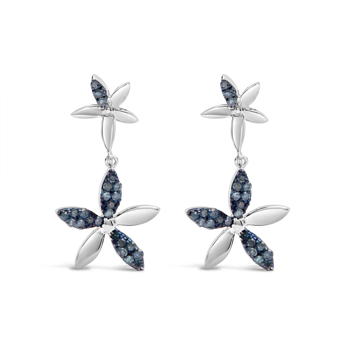 .925 Sterling Silver 1/5ct Cttw Blue Diamond Double Star Drop and Dangle Earrings (Blue Color, SI1-SI2 Clarity)