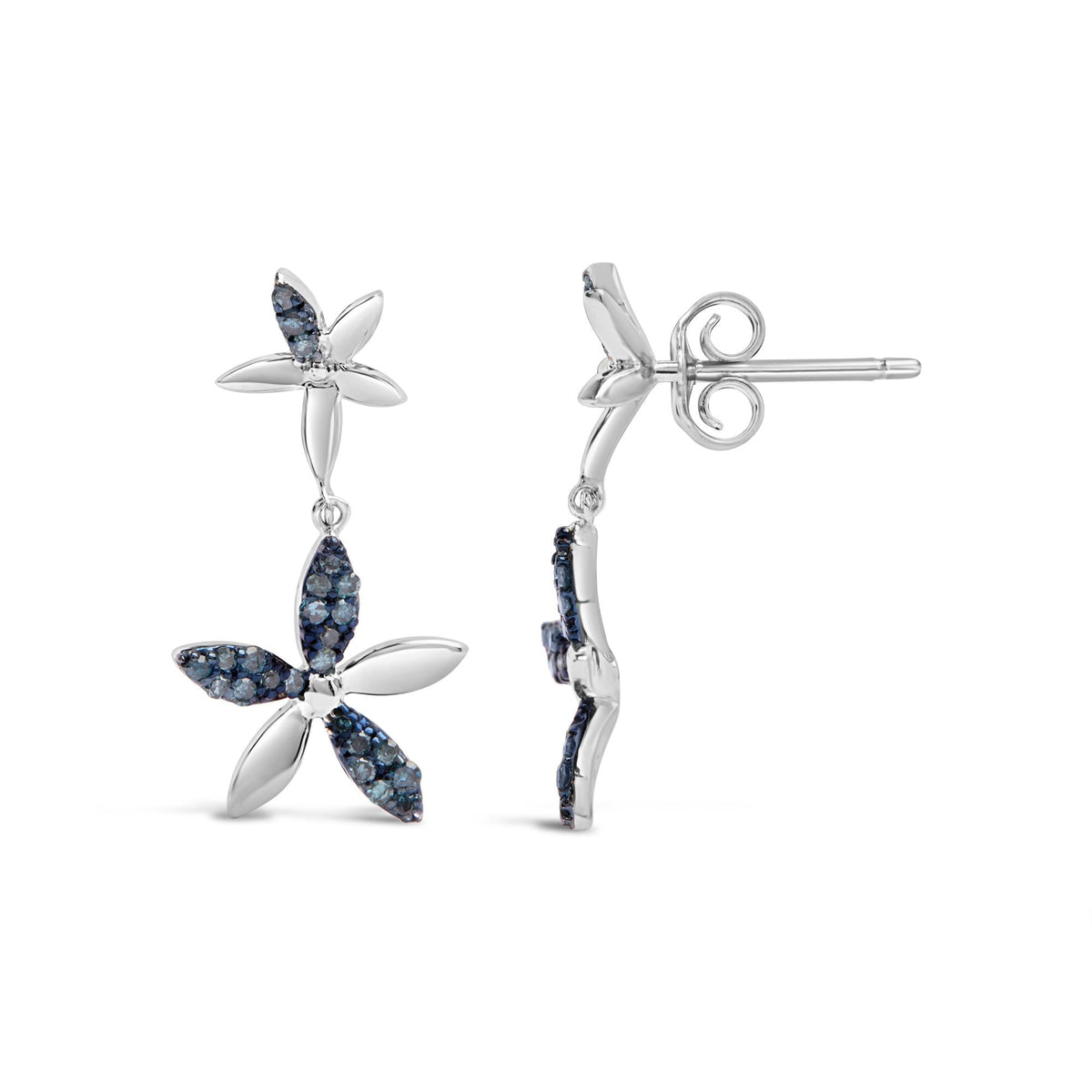 .925 Sterling Silver 1/5ct Cttw Blue Diamond Double Star Drop and Dangle Earrings (Blue Color, SI1-SI2 Clarity)