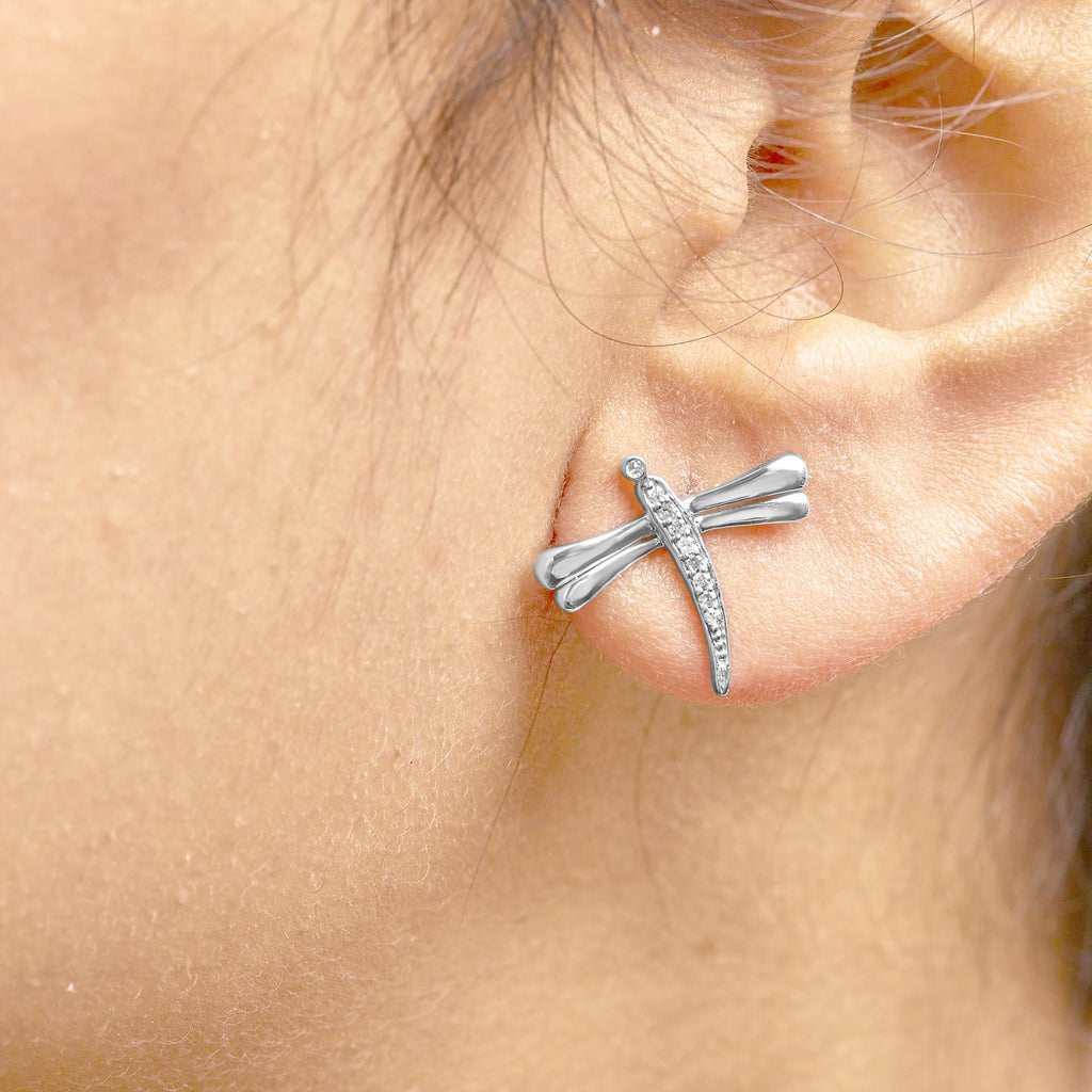 .925 Sterling Silver Diamond Accent Dragonfly Stud Earrings (I-J Color, I2-I3 Clarity)