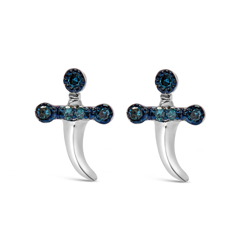 .925 Sterling Silver Blue Diamond Accent Knife Earrings (Blue Color, SI1-SI2 Clarity)