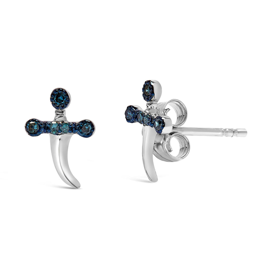 .925 Sterling Silver Blue Diamond Accent Knife Earrings (Blue Color, SI1-SI2 Clarity)