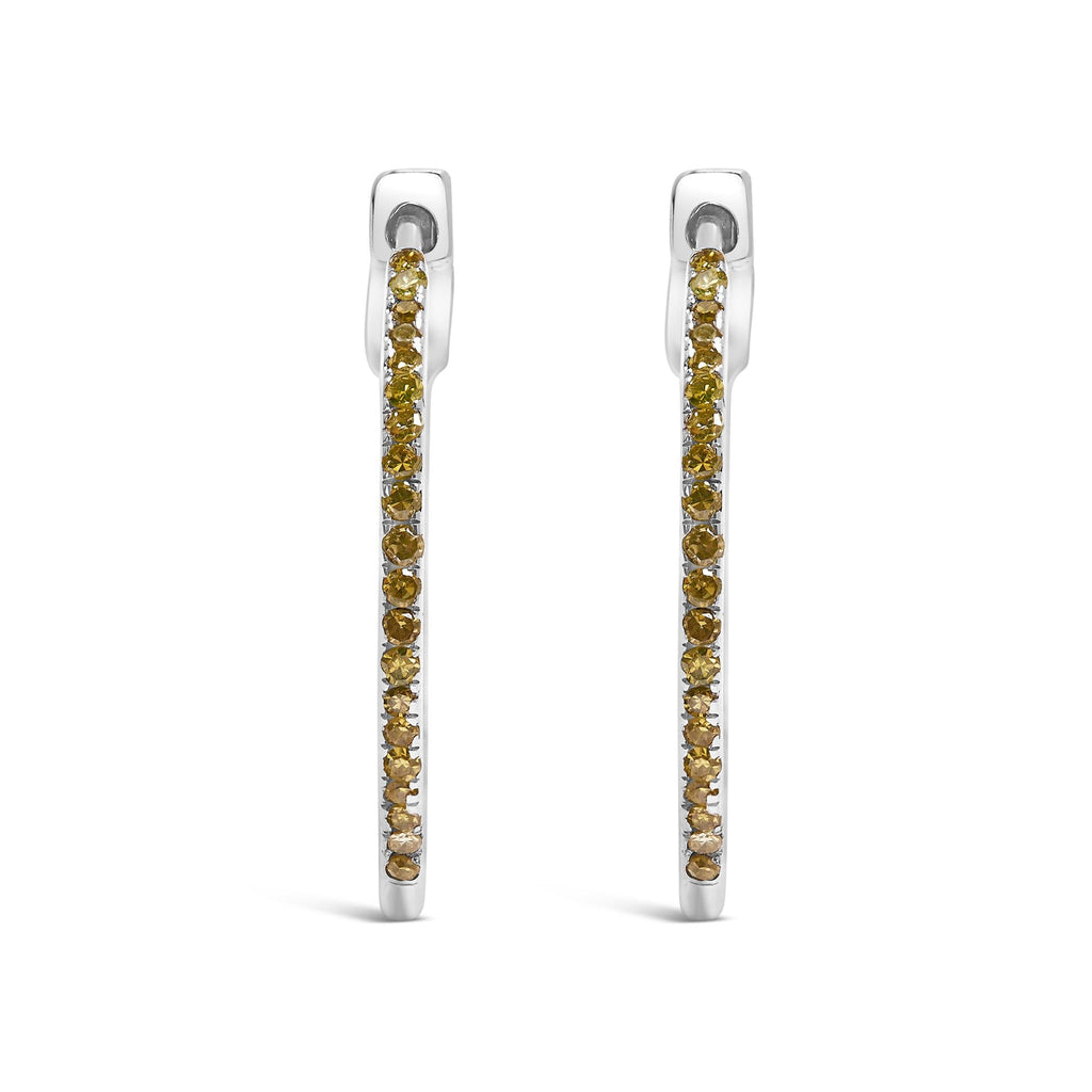 .925 Sterling Silver 1/3 Cttw Inside Out Yellow Treated Diamond 1MM Wide Hoop Earrings (Yellow Color, I2-I3 Clarity)