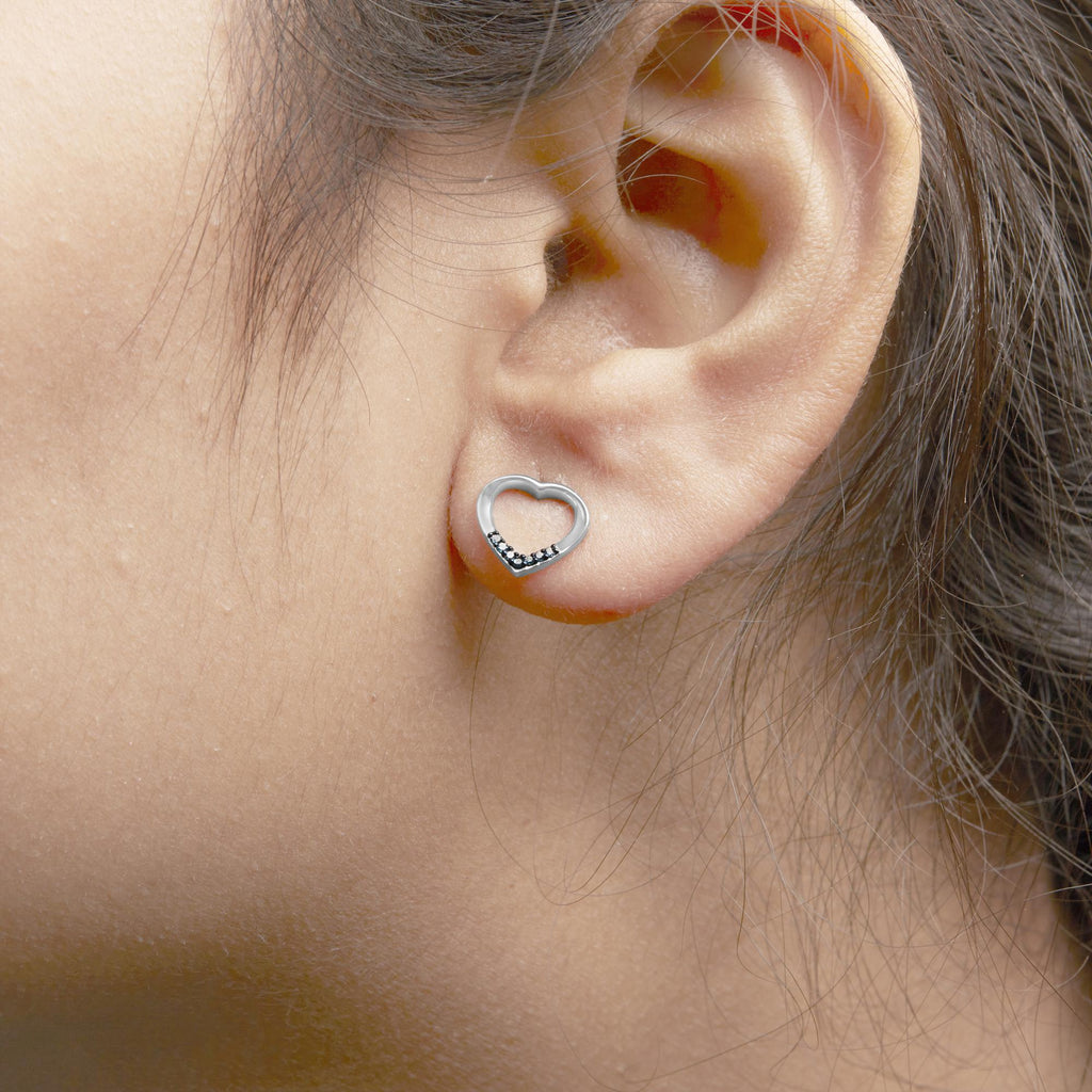 .925 Sterling Silver Blue Diamond Accent Open Heart Stud Earrings (Blue Color, SI1-SI2 Clarity)