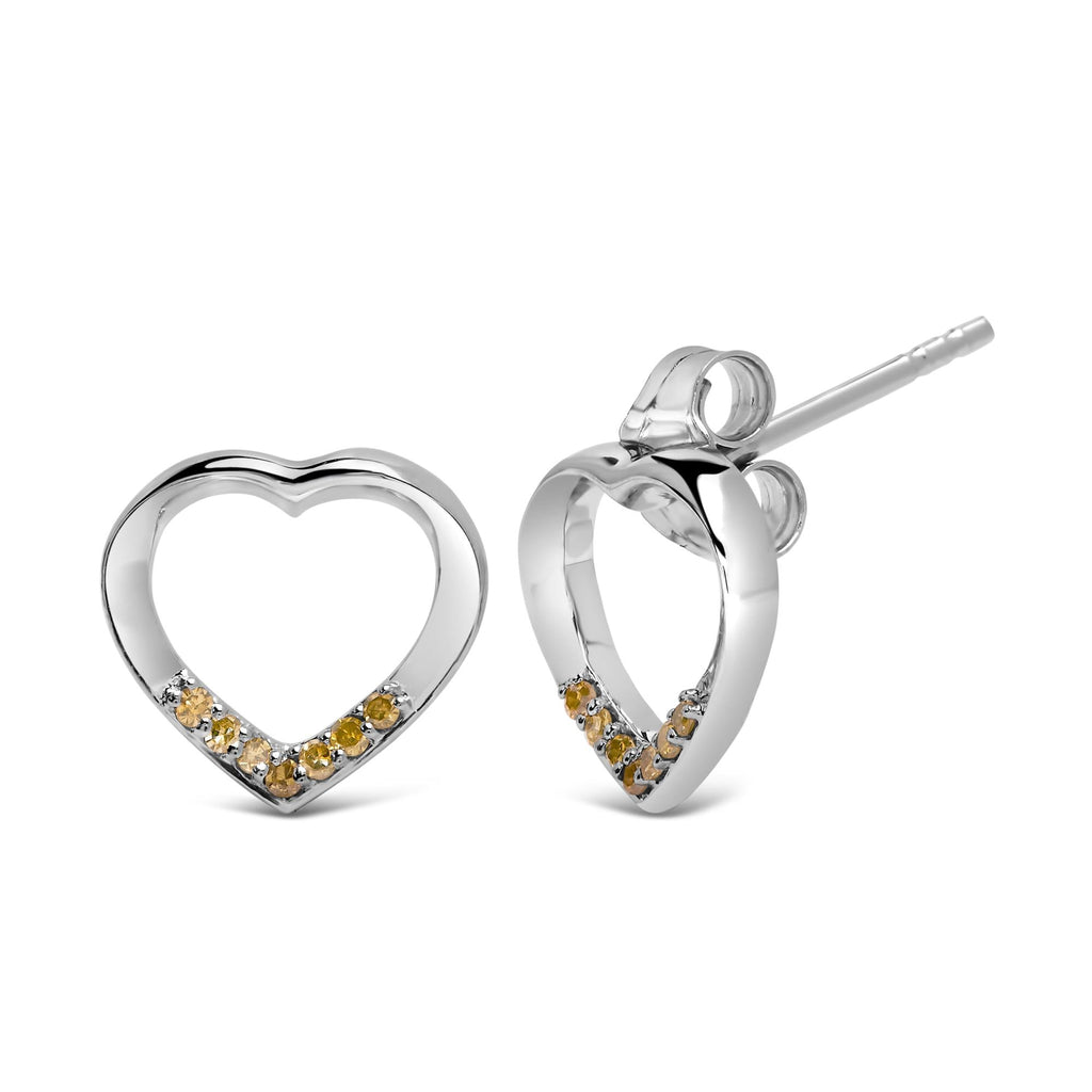 .925 Sterling Silver Yellow Diamond Accent Open Heart Stud Earrings (Yellow Color, SI1-SI2 Clarity)