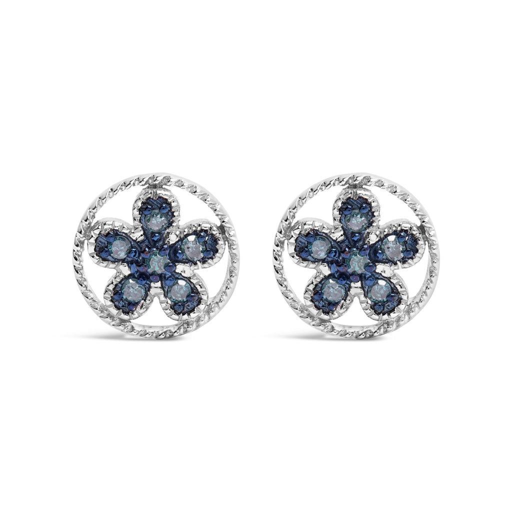 .925 Sterling Silver Blue Diamond Accent Star and Wheel Milgrain Style Stud Earrings (Blue Color, I2-I3 Clarity)