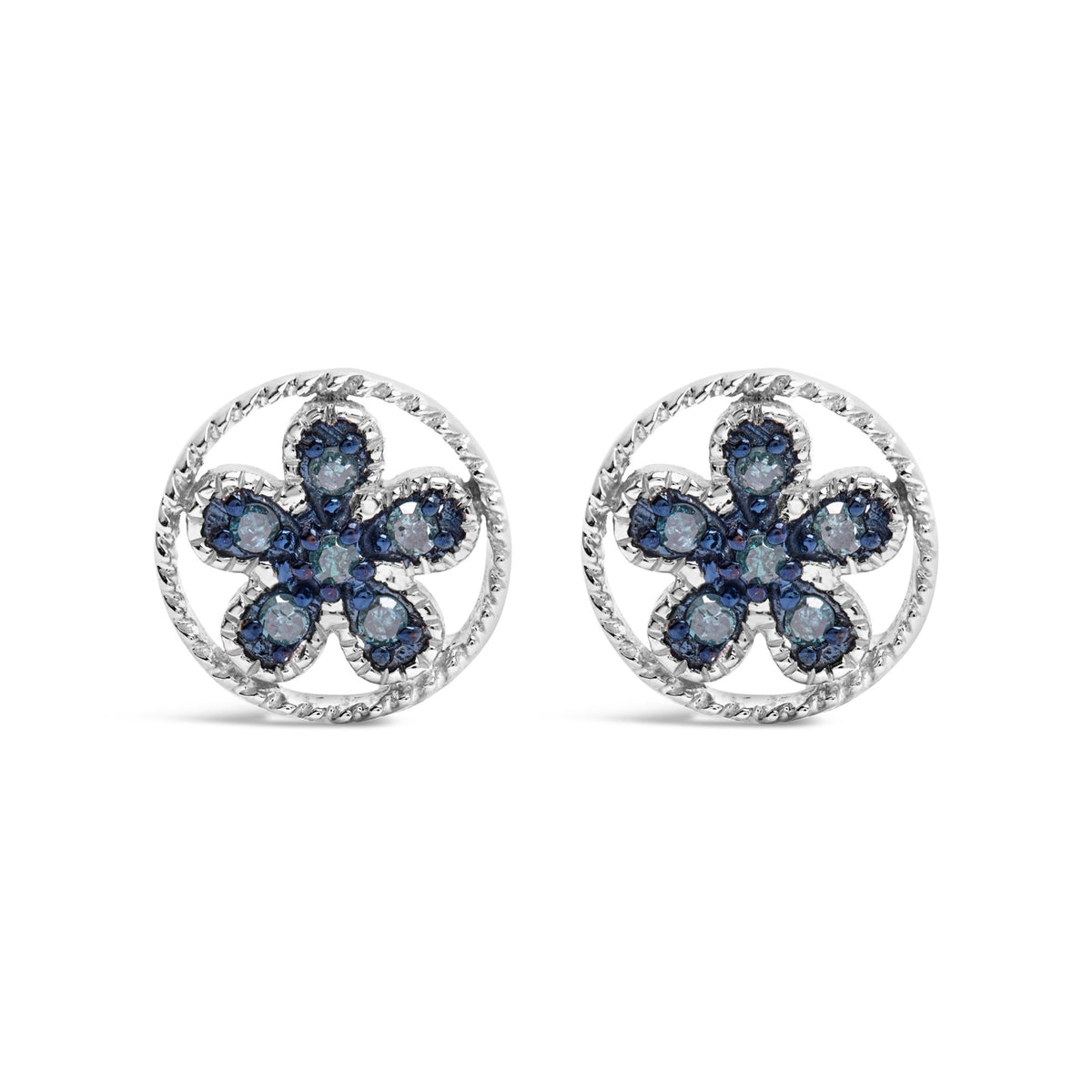 .925 Sterling Silver Blue Diamond Accent Star and Wheel Milgrain Style Stud Earrings (Blue Color, I2-I3 Clarity)